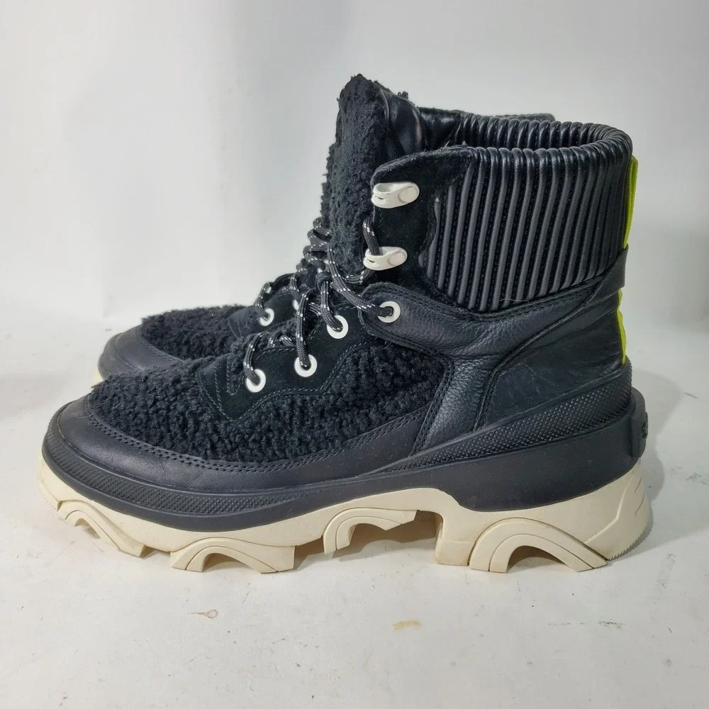 Sorel Boots Womens 9.5 Black White Shearling Brex Cozy Chunky Heel Lug Sole